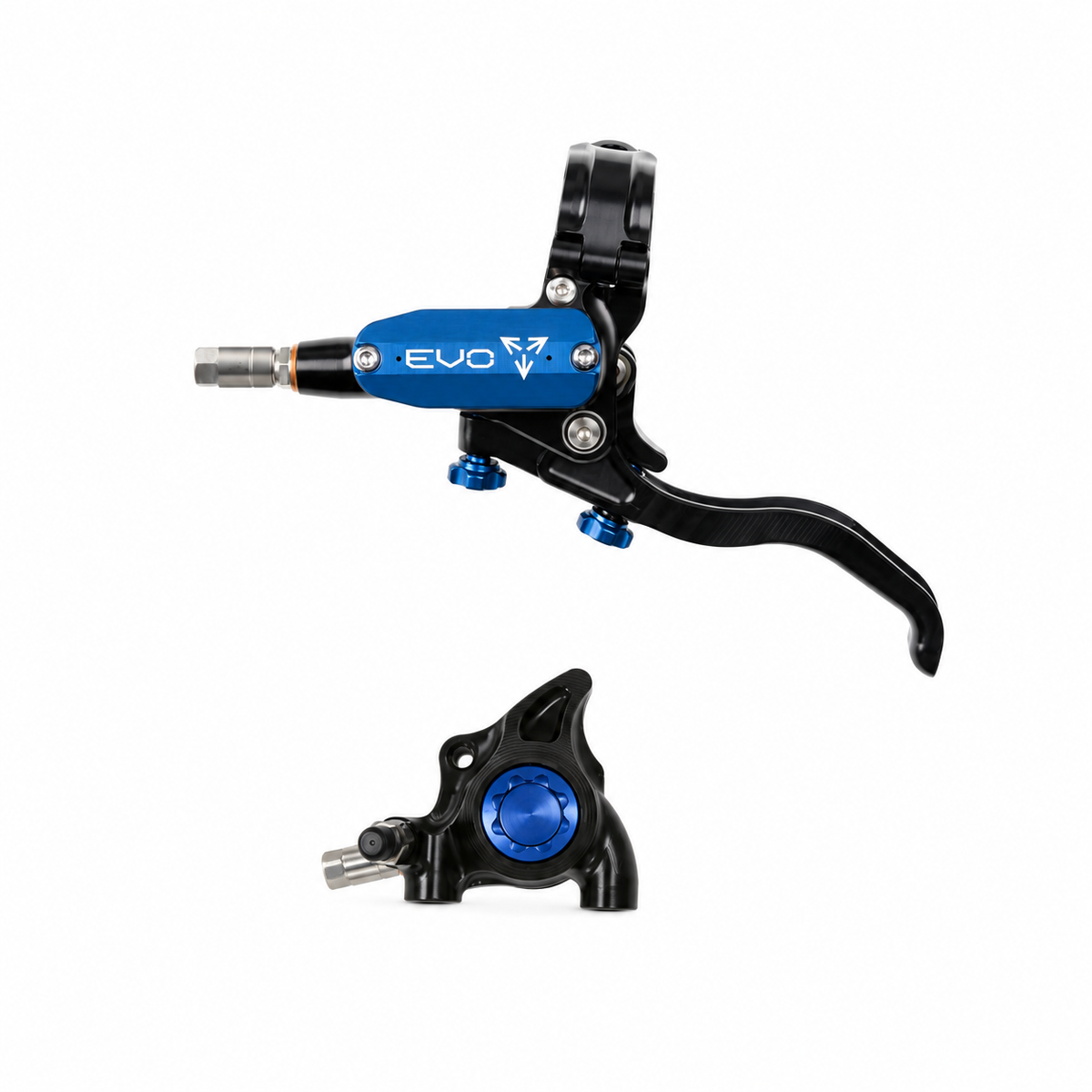 HOPE TECH 4 EVO X2 FM-rem in zwart/blauw — remhendel en remklauw op een witte achtergrond
