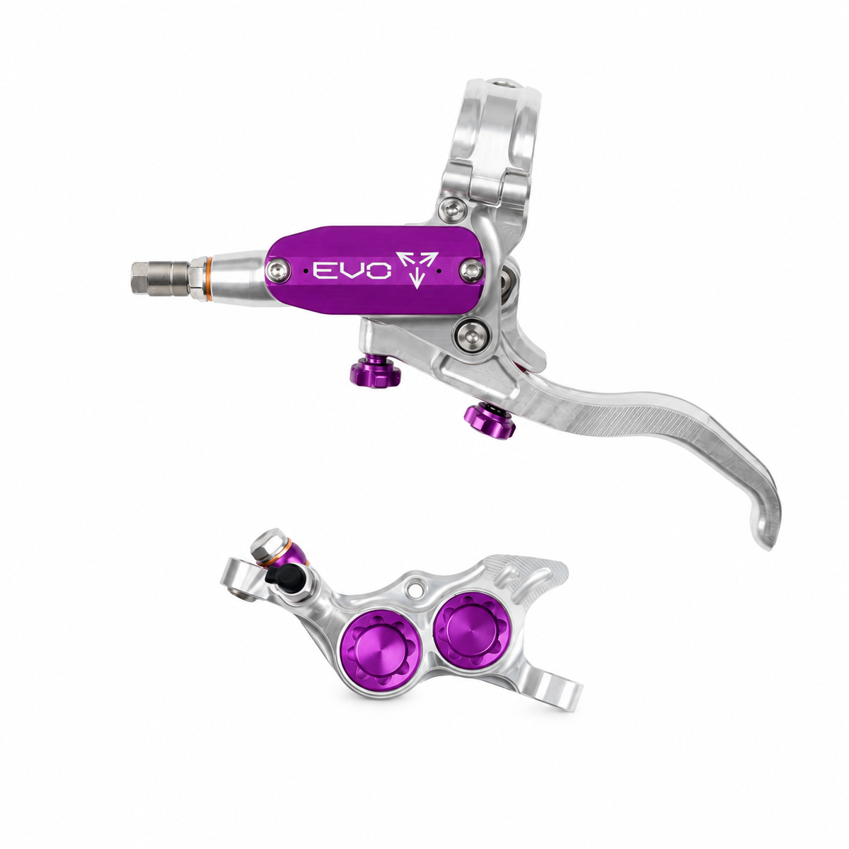 HOPE TECH 4 EVO TR4-rem zilver/paars — remhendel en remklauw op een witte achtergrond
