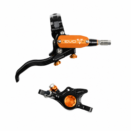 HOPE TECH 4 EVO X2 PM-rem zwart/oranje — remhendel en remklauw op een witte achtergrond