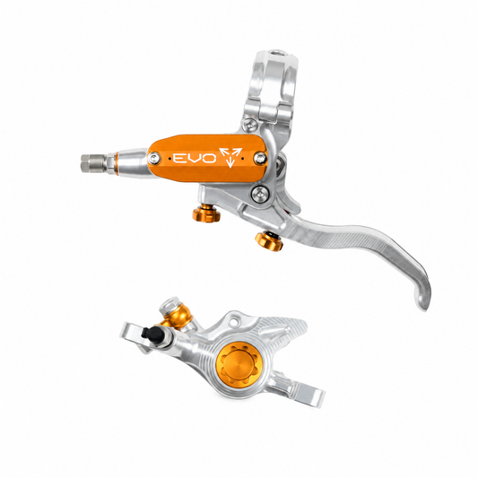 HOPE TECH 4 EVO X2 PM-rem zilver/oranje — remhendel en remklauw op een witte achtergrond