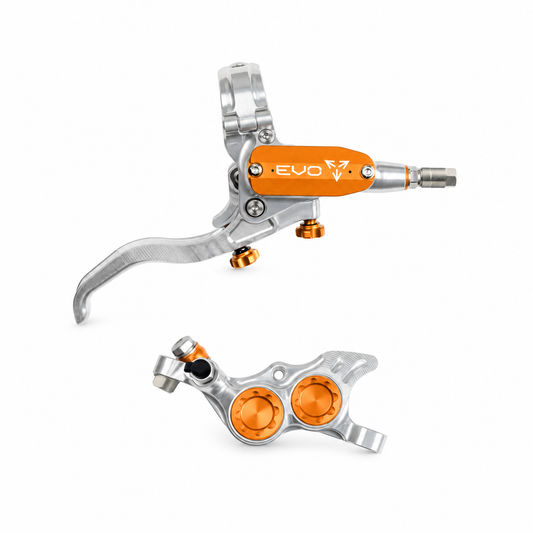 HOPE TECH 4 EVO TR4-rem zilver/oranje — remhendel en remklauw op witte achtergrond