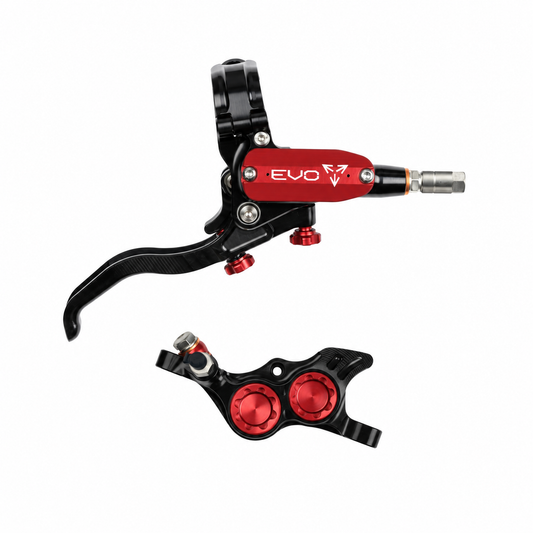 HOPE TECH 4 EVO TR4-rem zwart/rood — remhendel en remklauw op een witte achtergrond