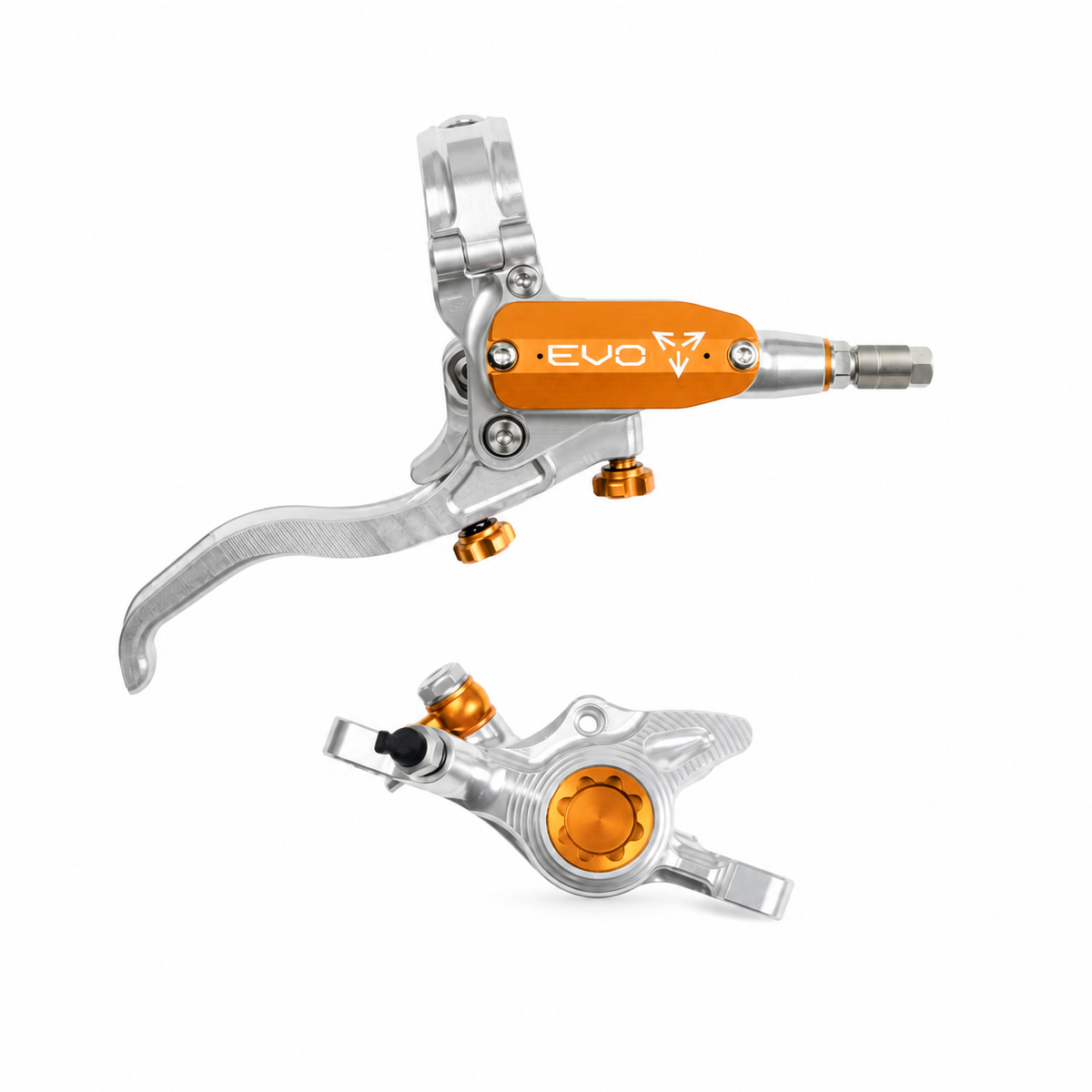 HOPE TECH 4 EVO X2 PM-rem zilver/oranje — remhendel en remklauw op een witte achtergrond
