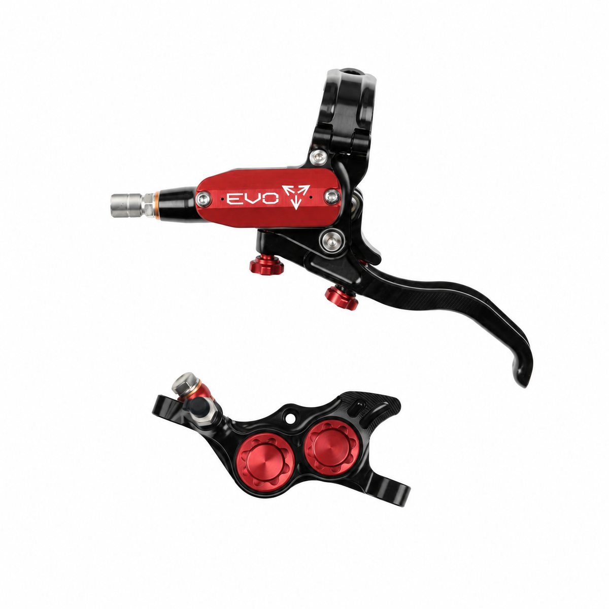 HOPE TECH 4 EVO TR4-rem zwart/rood — remhendel en remklauw op een witte achtergrond