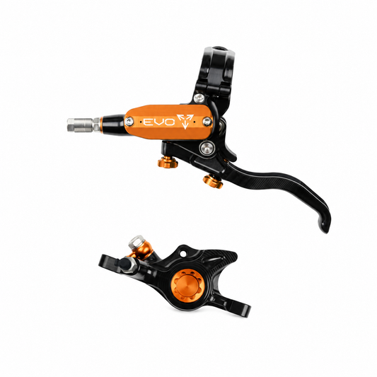 HOPE TECH 4 EVO X2 PM-rem zwart/oranje — remhendel en remklauw op een witte achtergrond