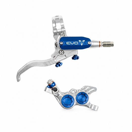 HOPE TECH 4 EVO GR4-rem zilver/blauw — remhendel en remklauw op witte achtergrond