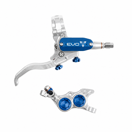 HOPE TECH 4 EVO TR4-rem zilver/blauw — remhendel en remklauw op witte achtergrond