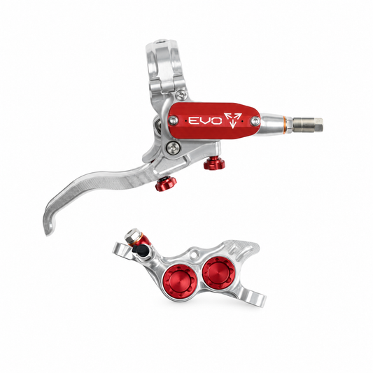 HOPE TECH 4 EVO TR4-rem zilver/rood — remhendel en remklauw op witte achtergrond