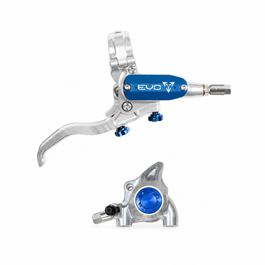 Rem HOPE TECH 4 EVO X2 FM zilver/blauw — remhendel en remklauw tegen een witte achtergrond