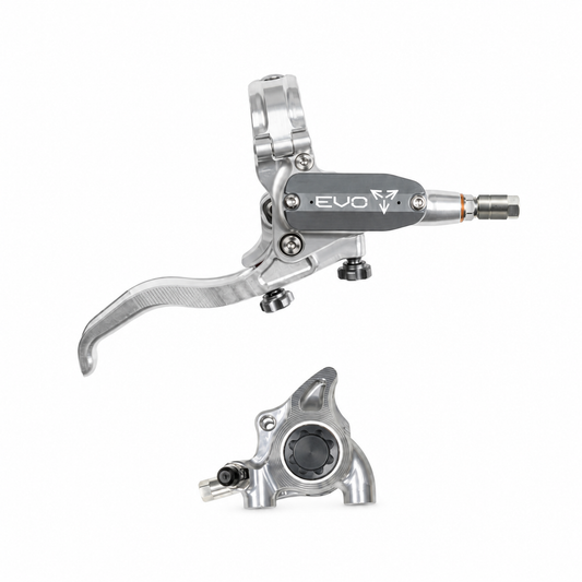 Rem HOPE TECH 4 EVO X2 FM zilver/rookgrijs — remhendel en remklauw tegen een witte achtergrond