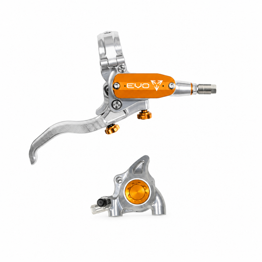 Frein HOPE TECH 4 EVO X2 FM Argent/Orange — levier et étrier sur fond blanc