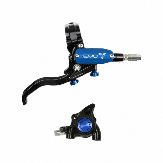 HOPE TECH 4 EVO X2 FM-rem in zwart/blauw — remhendel en remklauw op een witte achtergrond