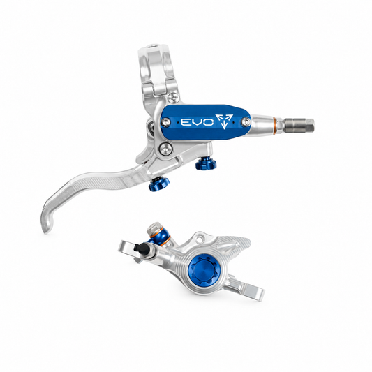 HOPE TECH 4 EVO X2 PM-rem zilver/blauw — remhendel en remklauw tegen witte achtergrond