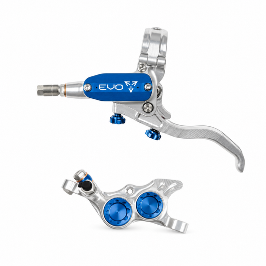 HOPE TECH 4 EVO TR4-rem zilver/blauw — remhendel en remklauw op witte achtergrond