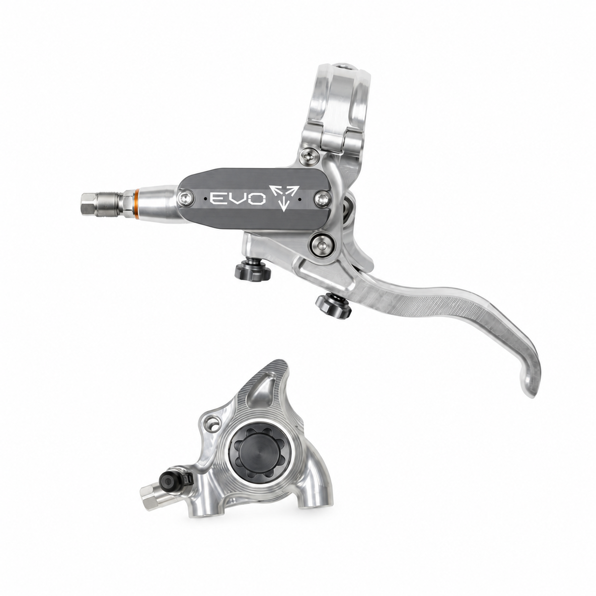 Rem HOPE TECH 4 EVO X2 FM zilver/rookgrijs — remhendel en remklauw tegen een witte achtergrond