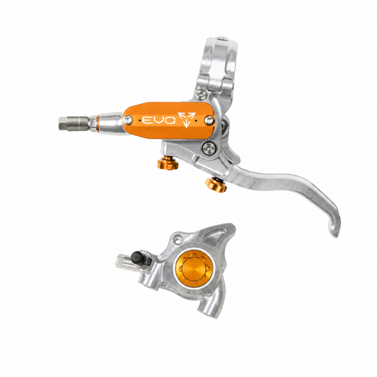 Rem HOPE TECH 4 EVO X2 FM zilver/oranje — remhendel en remklauw tegen een witte achtergrond