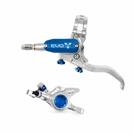 HOPE TECH 4 EVO X2 PM-rem zilver/blauw — remhendel en remklauw tegen witte achtergrond