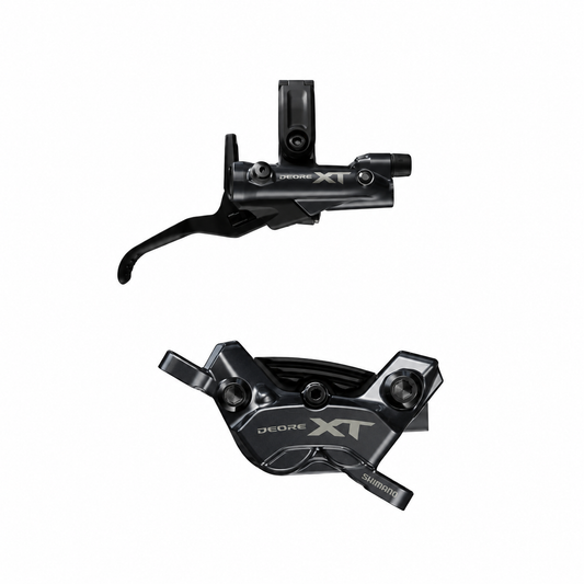 Frein SHIMANO XT M8220 Enduro 4 Pistons — levier et étrier sur fond blanc