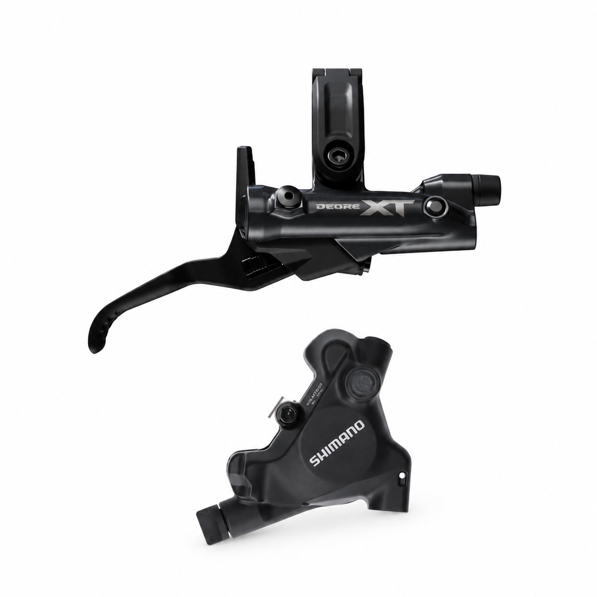 SHIMANO DEORE XT 8200-rem met BR-MT805 FlatMount-remklauw — remhendel en remklauw op witte achtergrond
