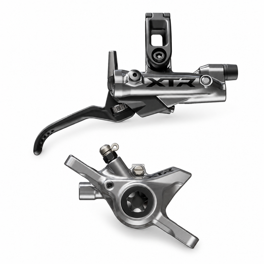 SHIMANO XTR M9220/9200 XC/Trail-rem met 2 zuigers — remhendel en remklauw op witte achtergrond