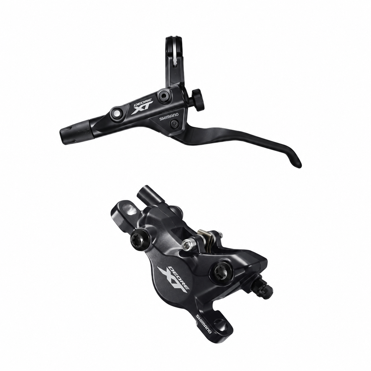 SHIMANO DEORE XT BR-M8100 / BL-T8100-rem met trekkinghendel voor 3 vingers — remhendel en remklauw op witte achtergrond