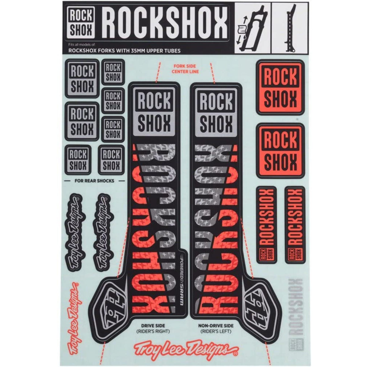 Vorkstickerset ROCKSHOX TROY LEE DESIGNS 35 mm MY18 voor PIKE/LYRIK/YARI/DOMAIN/REVELATION zilver/oranje #00.4318.021.001