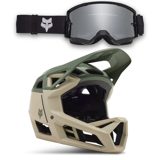 FOX Combo: PROFRAME CLYZO MIPS Beige/Groen MTB Helm + FOX MAIN CORE SPARK Masker Zwart 2024