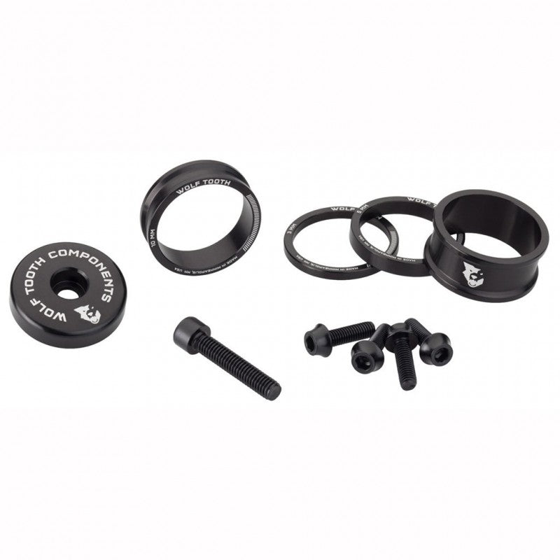 WOLFTOOTH BLING KIT Afstandsbussen, stuurpenafdekking en schroeven Zwart